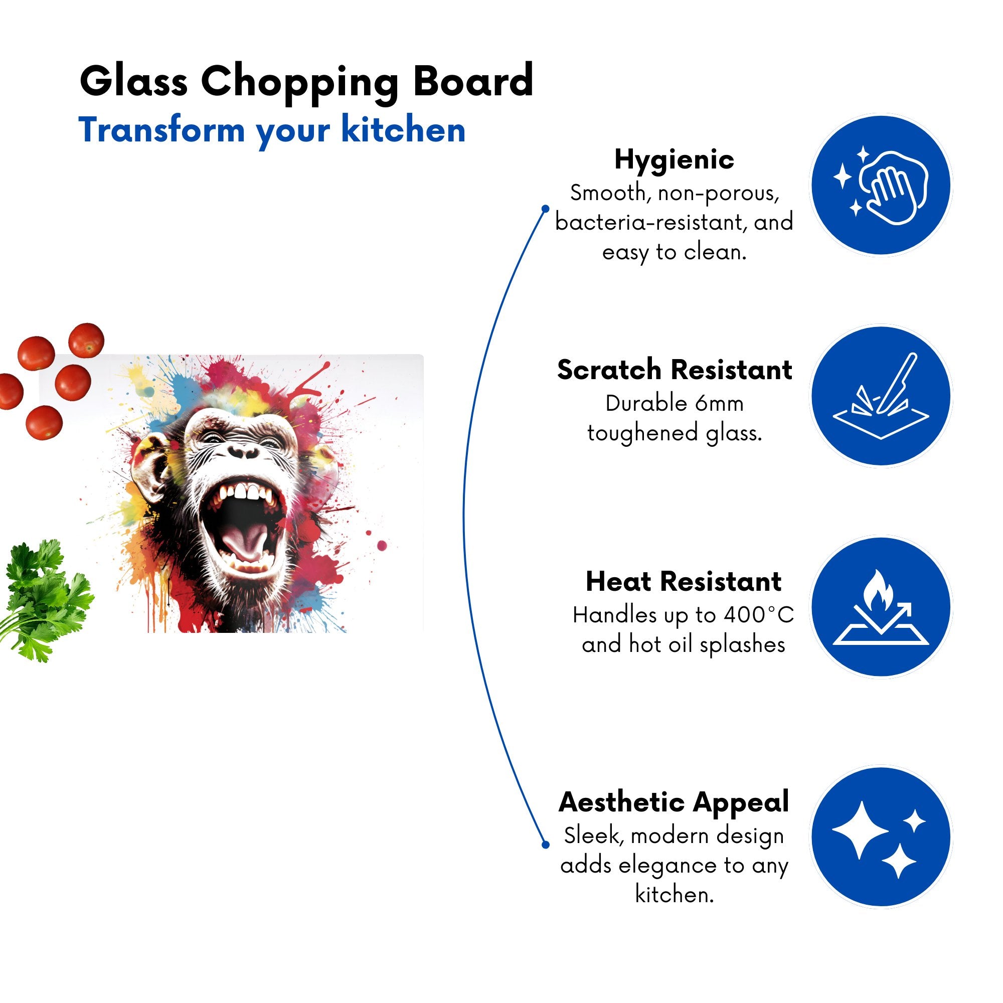 Coloured Splashart Crazy Monkey Face Glass Chopping Board