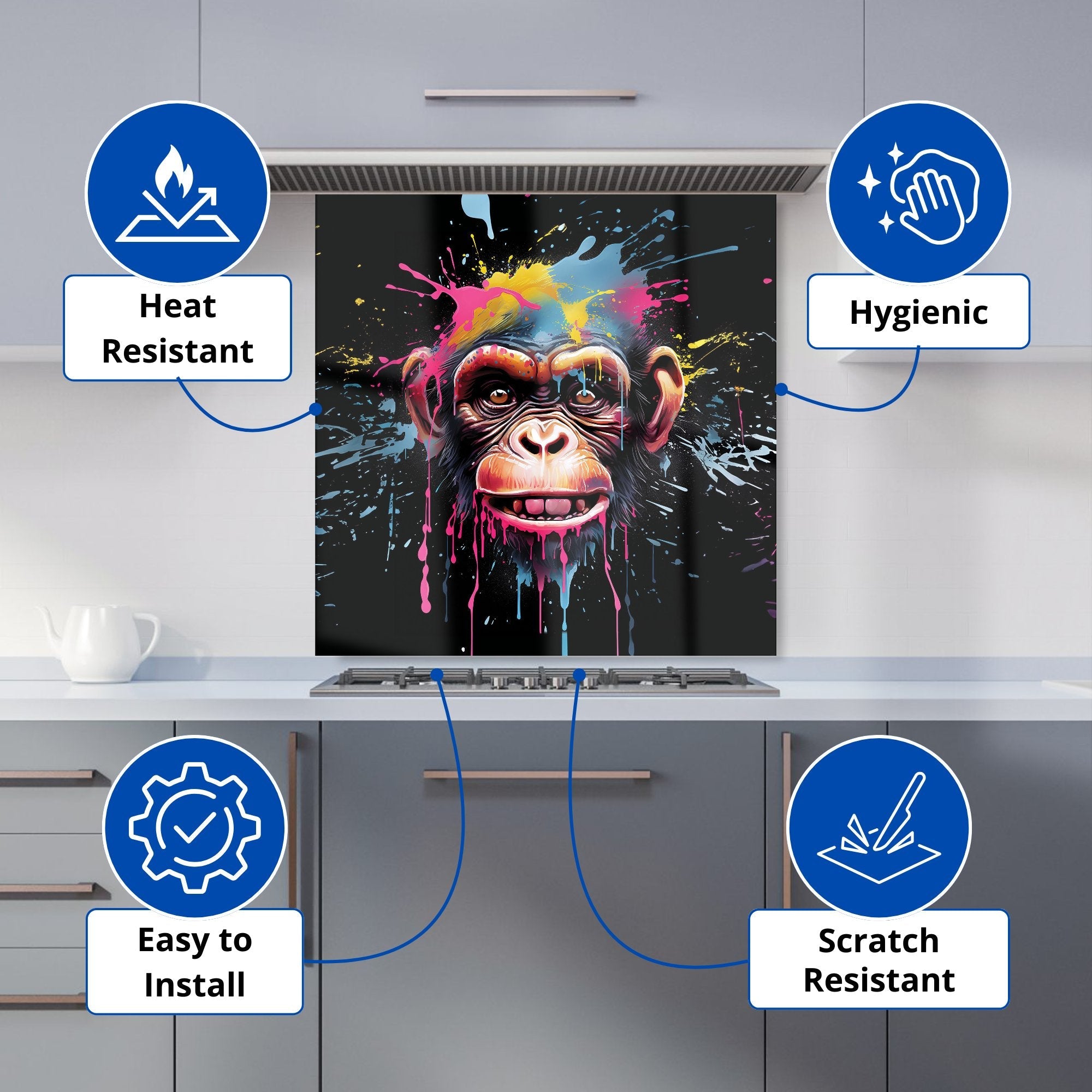 Multi Coloured Monkey Face Splashart Kitchen Splashback