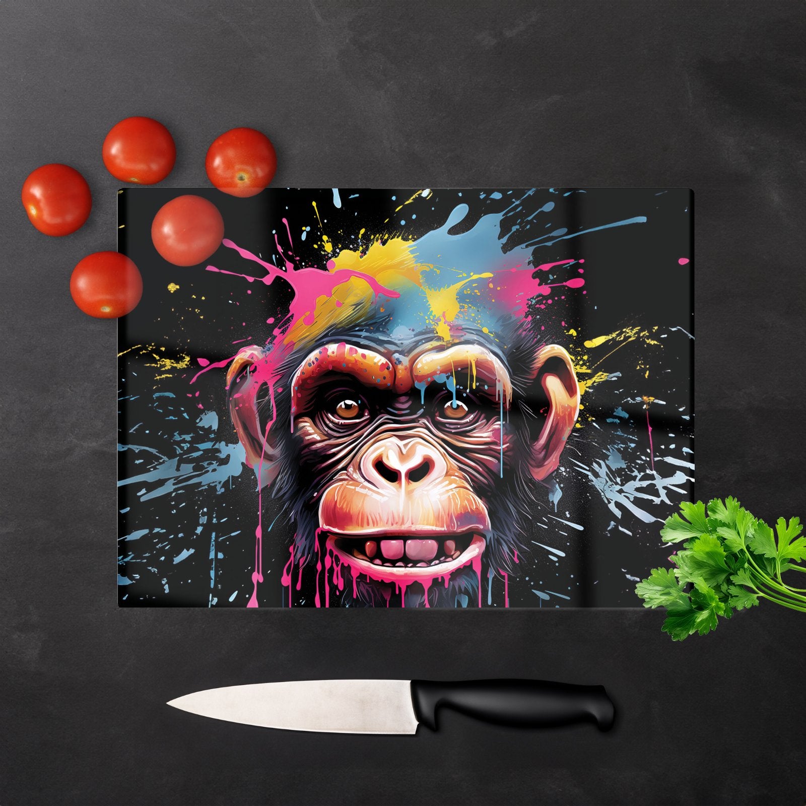Multi Coloured Monkey Face Splashart Glass Chopping Board