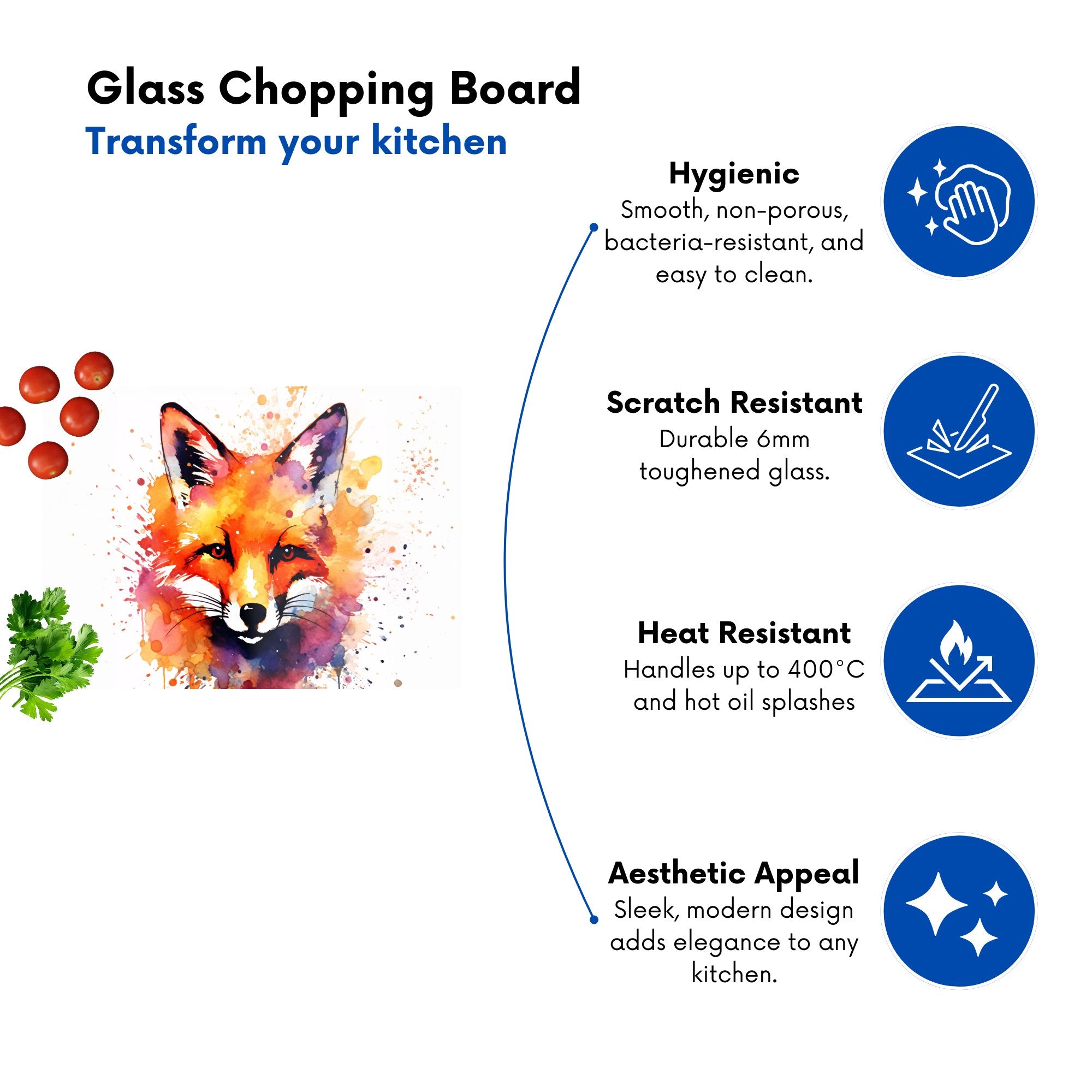 Watercolour Splashart Fox Face Glass Chopping Board
