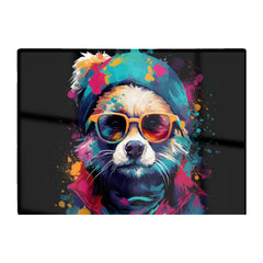 Multi Coloured Splashart Dog With Glasses Glass Chopping Board