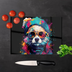 Multi Coloured Splashart Dog With Glasses Glass Chopping Board