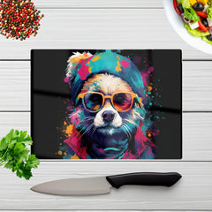 Multi Coloured Splashart Dog With Glasses Glass Chopping Board