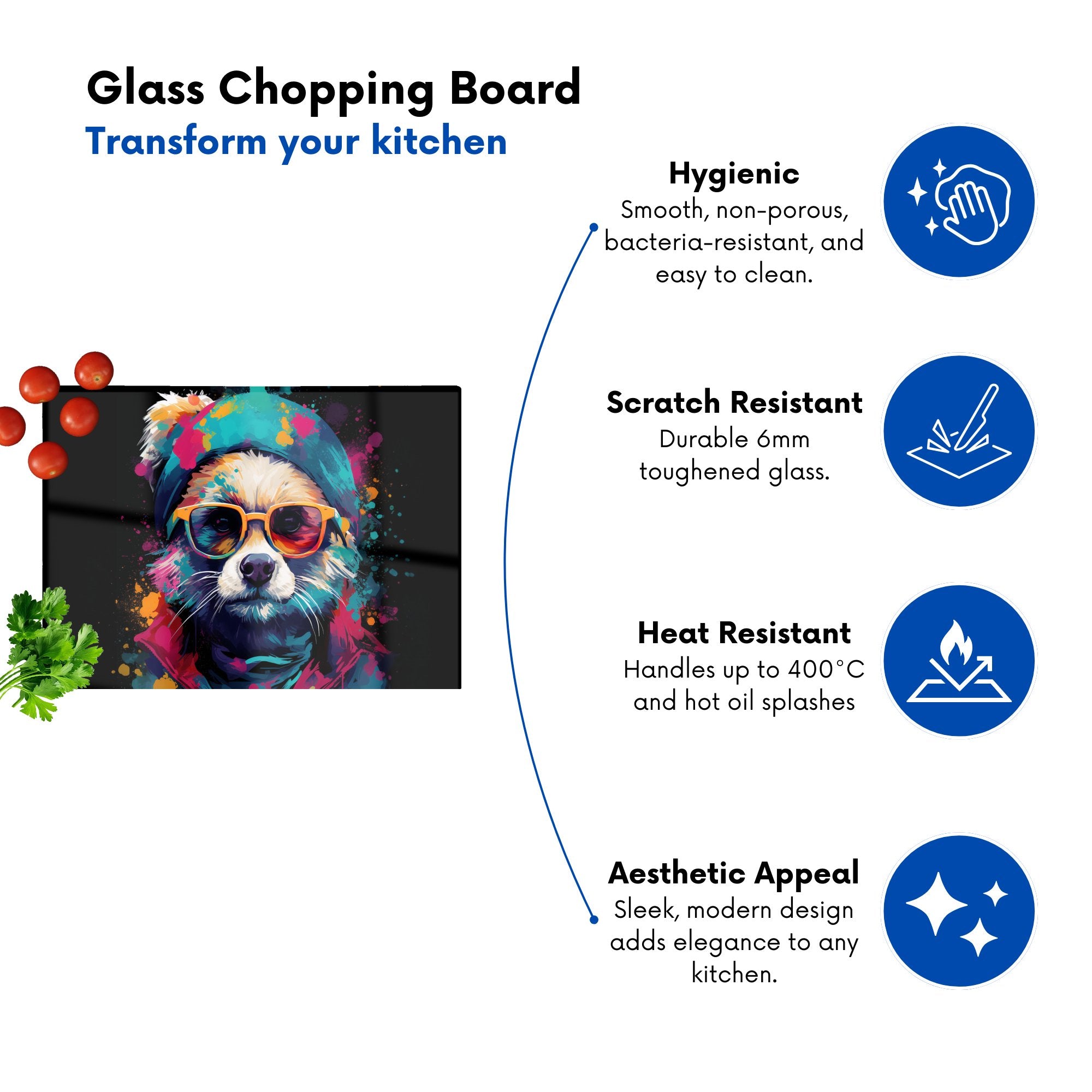 Multi Coloured Splashart Dog With Glasses Glass Chopping Board