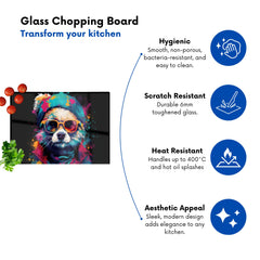 Multi Coloured Splashart Dog With Glasses Glass Chopping Board