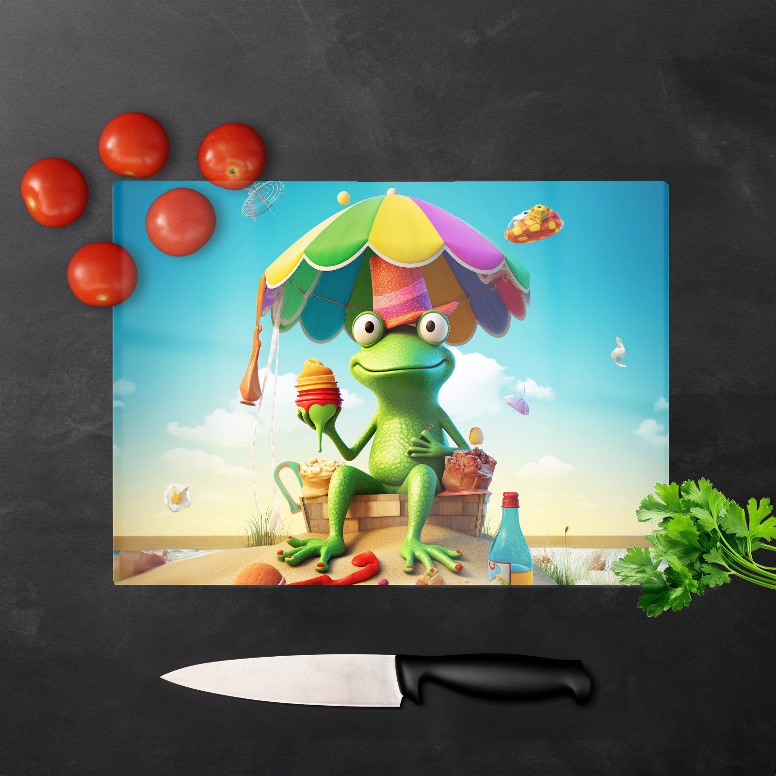 Frog On A Beach Holiday Glass Chopping Board