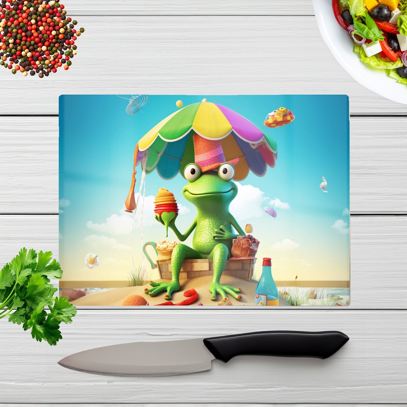 Frog On A Beach Holiday Glass Chopping Board