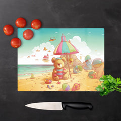 Teddy Bead On A Beach Holiday Glass Chopping Board