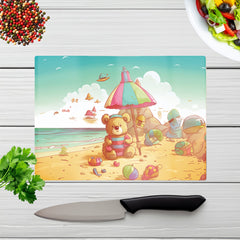 Teddy Bead On A Beach Holiday Glass Chopping Board