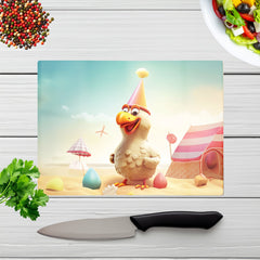 Funky Chicken On A Beach Holiday Glass Chopping Board