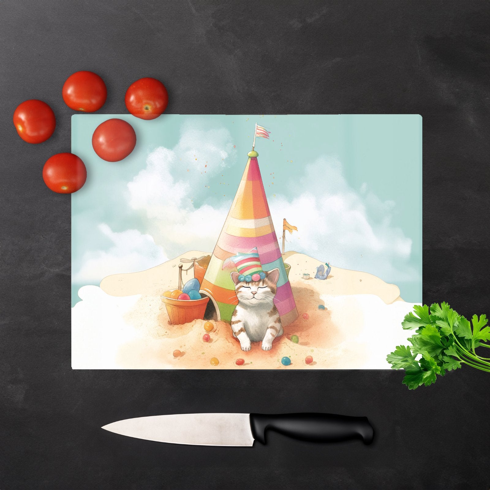 Cat On A Beach Holiday Glass Chopping Board