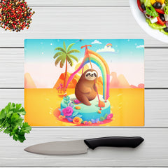 Sloth On A Beach Holiday Glass Chopping Board