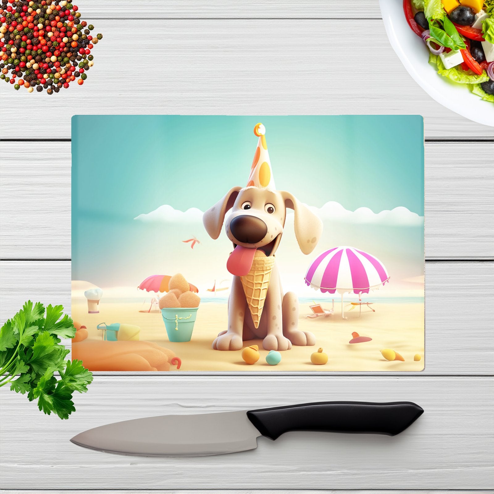 Dog On A Beach Holiday Glass Chopping Board