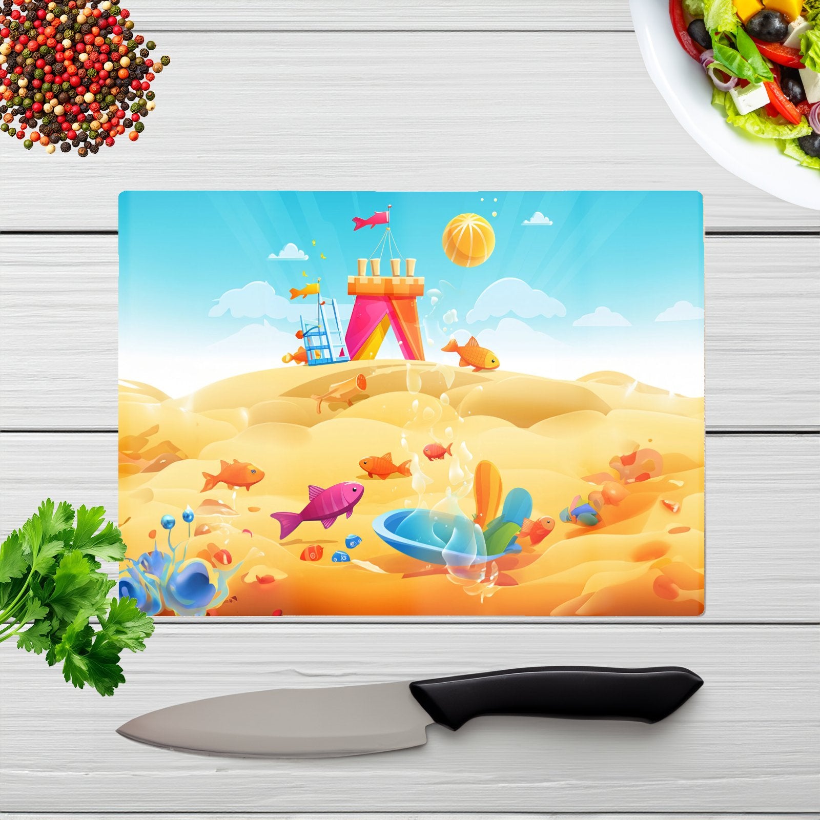 Fishes On A Beach Holiday Glass Chopping Board