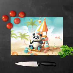 Happy Panda On A Beach Holiday Glass Chopping Board