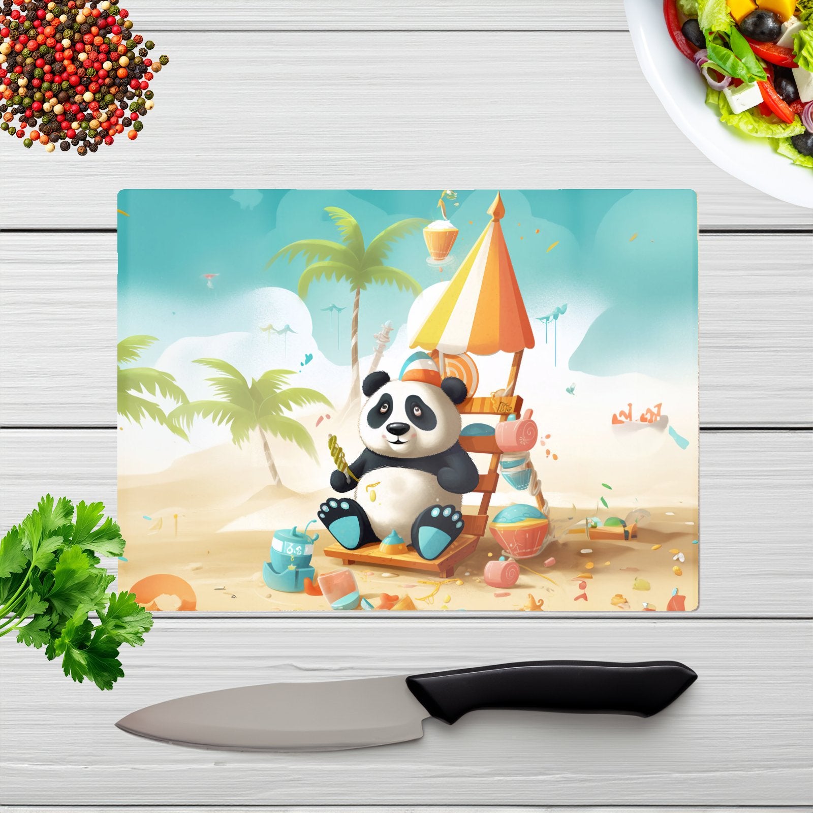 Happy Panda On A Beach Holiday Glass Chopping Board