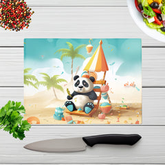 Happy Panda On A Beach Holiday Glass Chopping Board