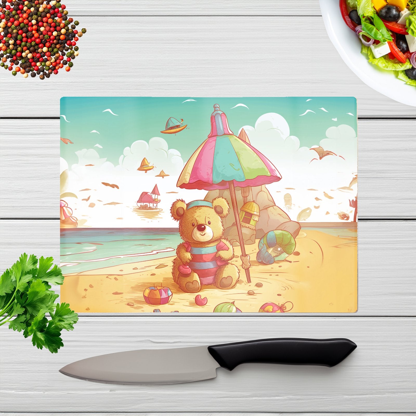Lucky Teddy Bear On A Beach Holiday Glass Chopping Board