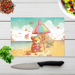 Lucky Teddy Bear On A Beach Holiday Glass Chopping Board