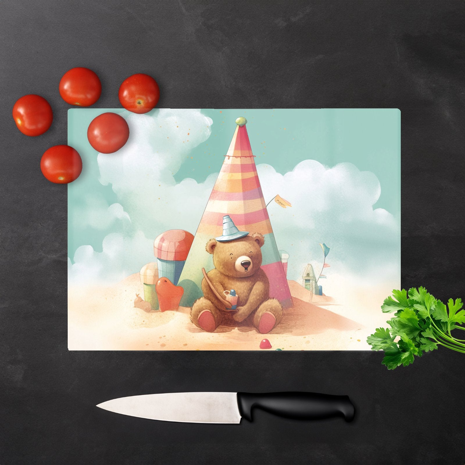 A Bear On A Beach Holiday Glass Chopping Board