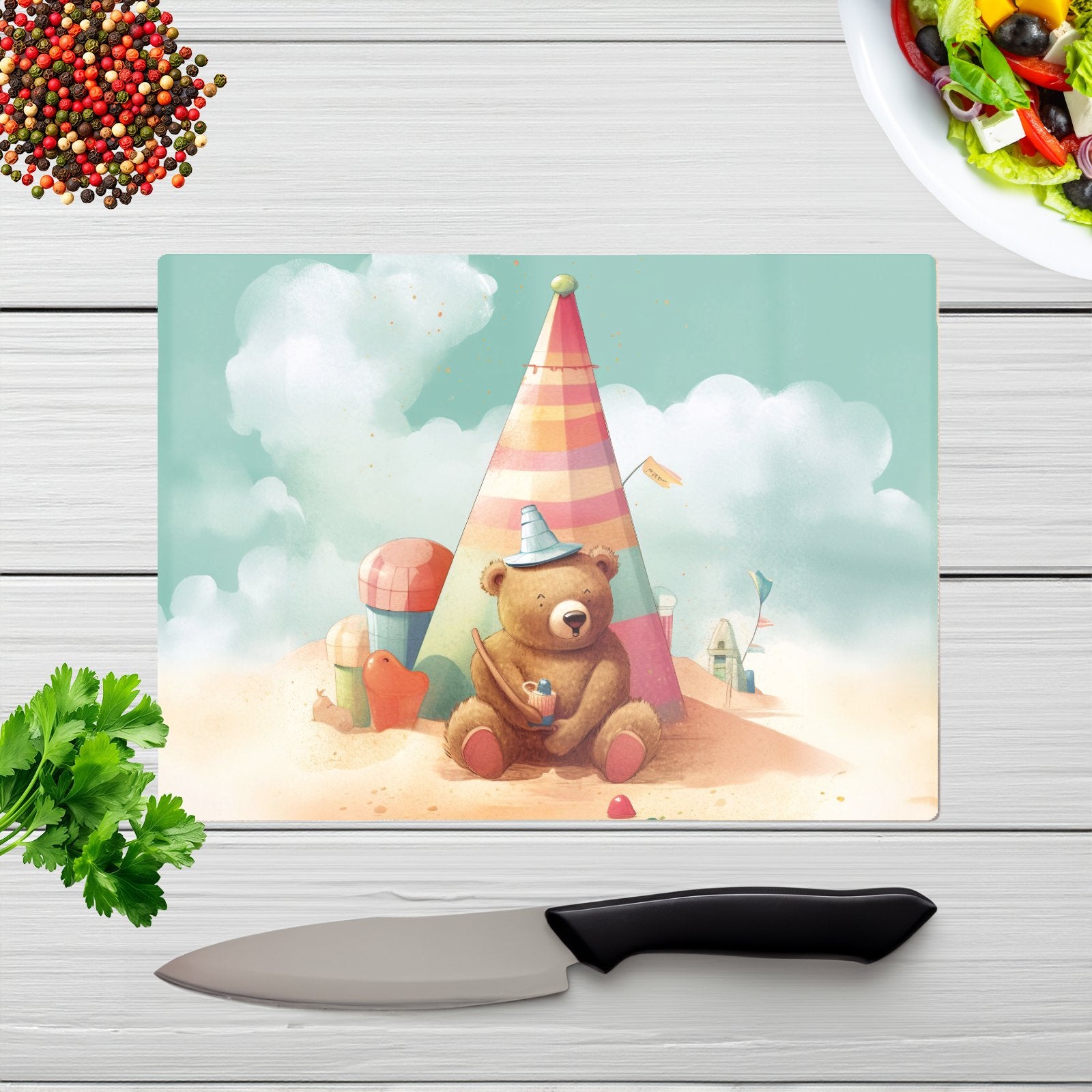 A Bear On A Beach Holiday Glass Chopping Board