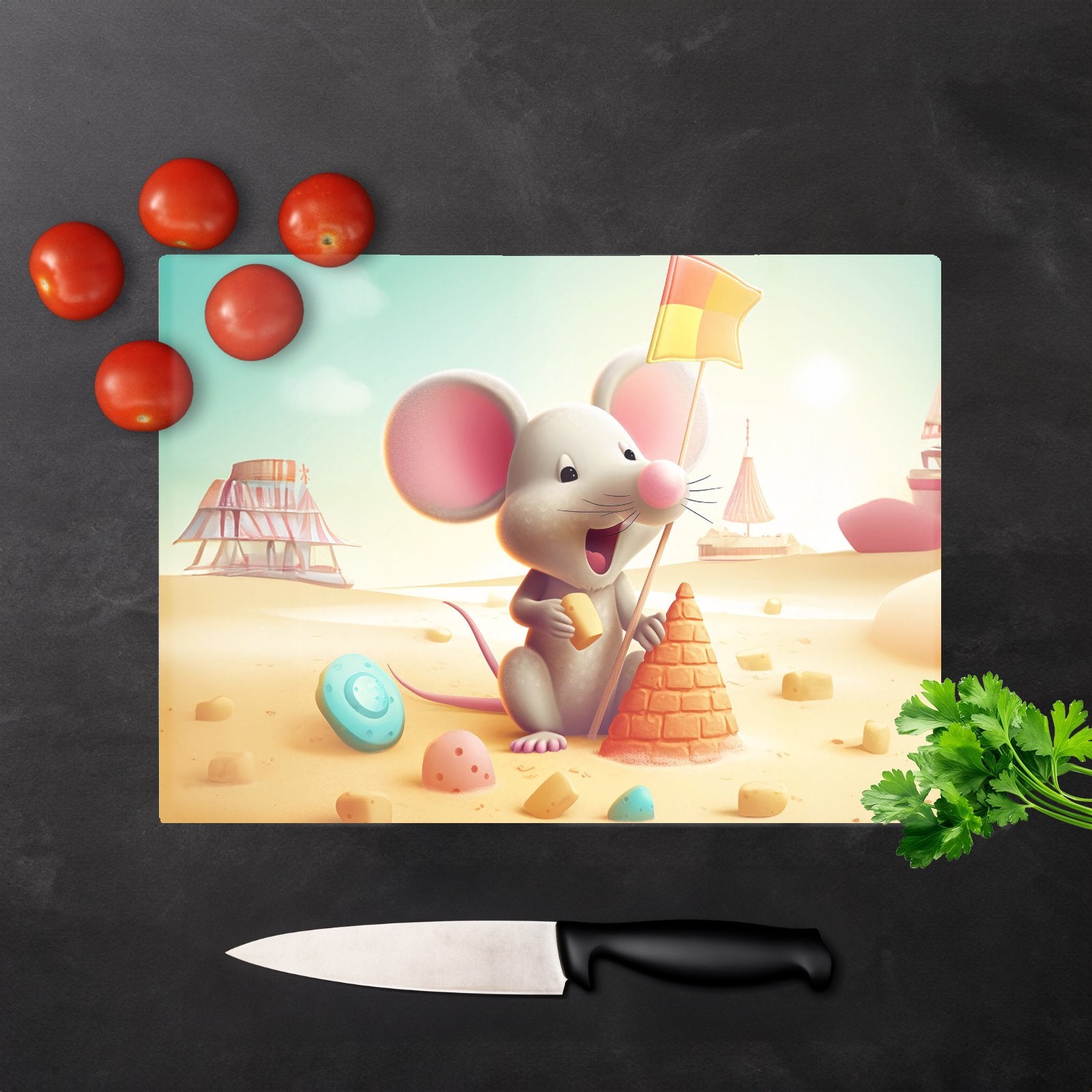 A Mouse On A Beach Holiday Glass Chopping Board