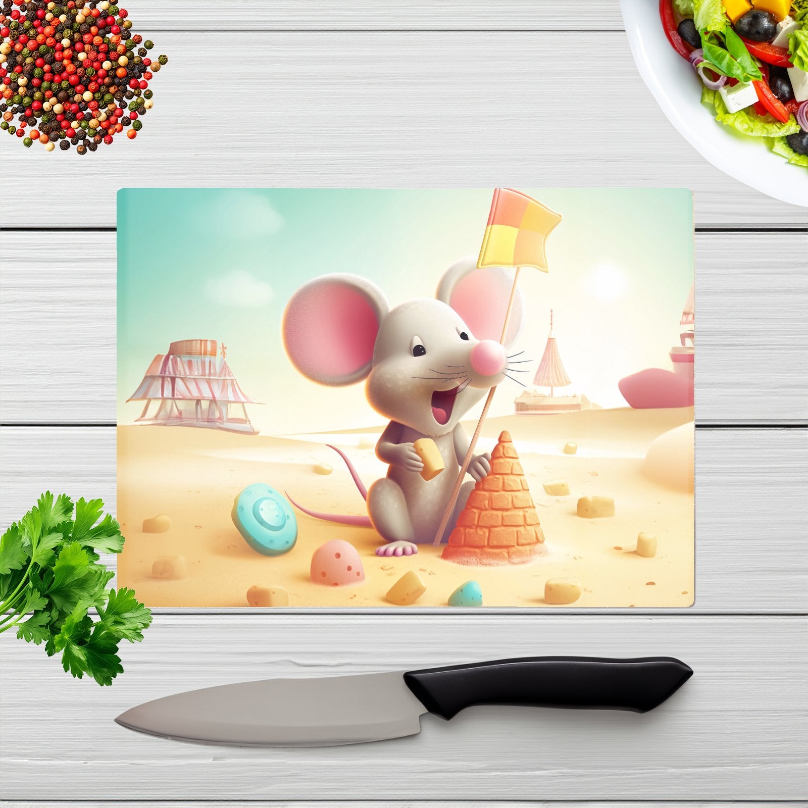 A Mouse On A Beach Holiday Glass Chopping Board