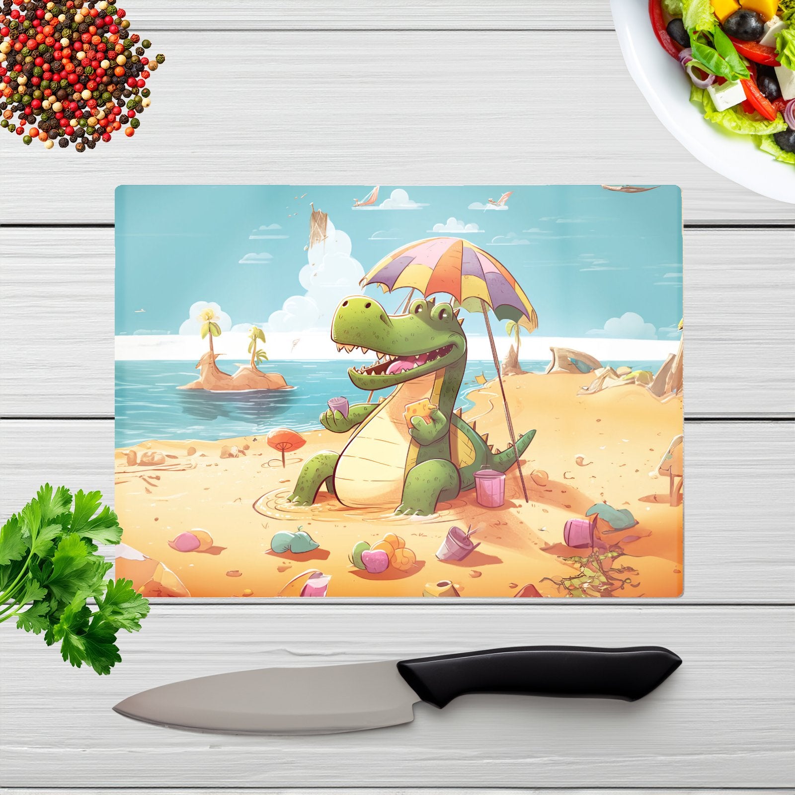 A Crocodile On A Beach Holiday Glass Chopping Board