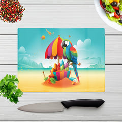 Parrot On A Beach Holiday Glass Chopping Board