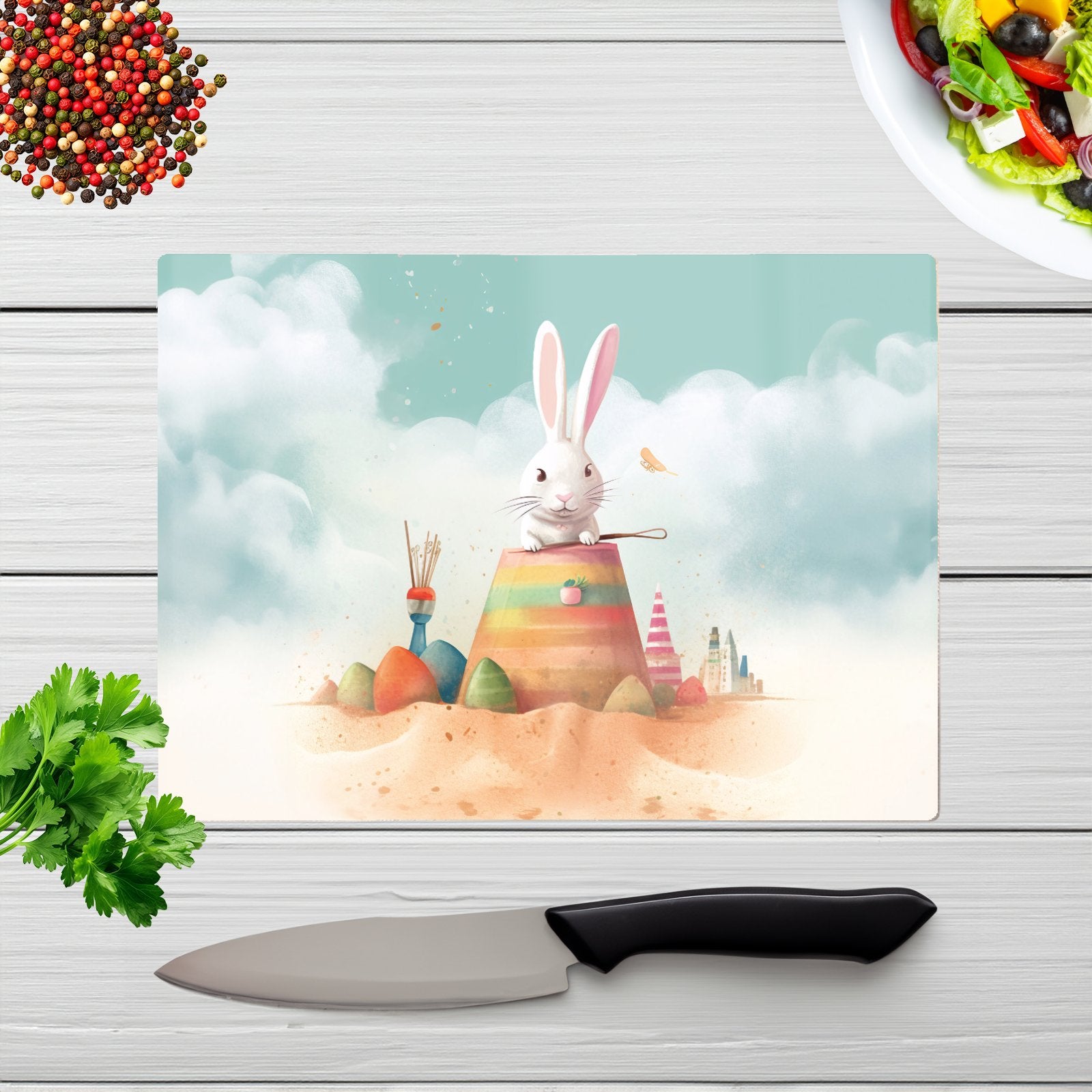 White Rabbit On A Beach Holiday Glass Chopping Board