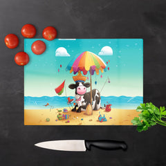 Cow On A Beach Holiday Glass Chopping Board