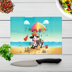 Cow On A Beach Holiday Glass Chopping Board