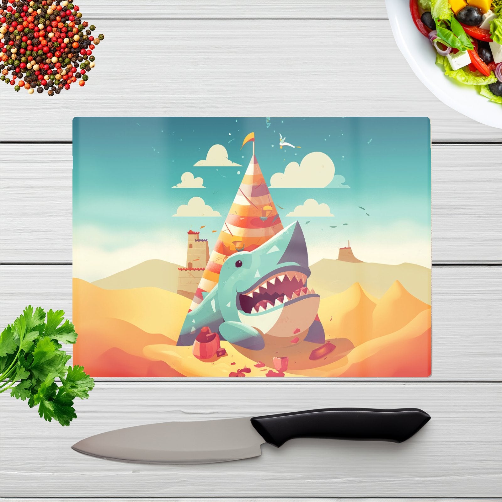 Shark On A Beach Holiday Glass Chopping Board