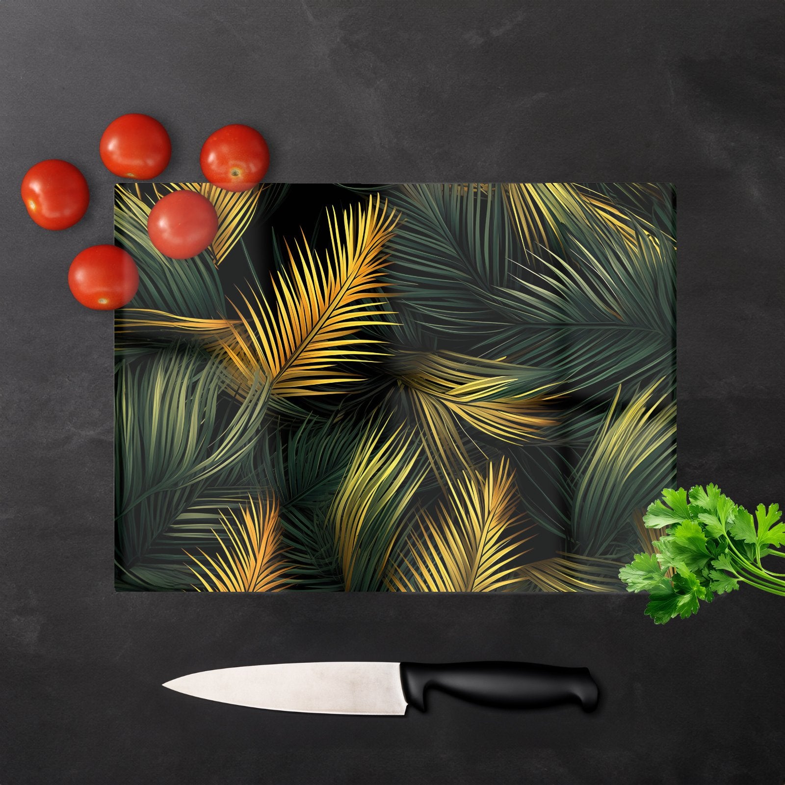 Golden Palm Leaves Glass Chopping Board