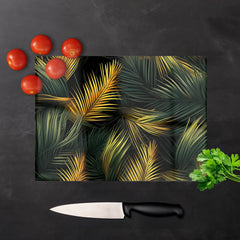 Golden Palm Leaves Glass Chopping Board