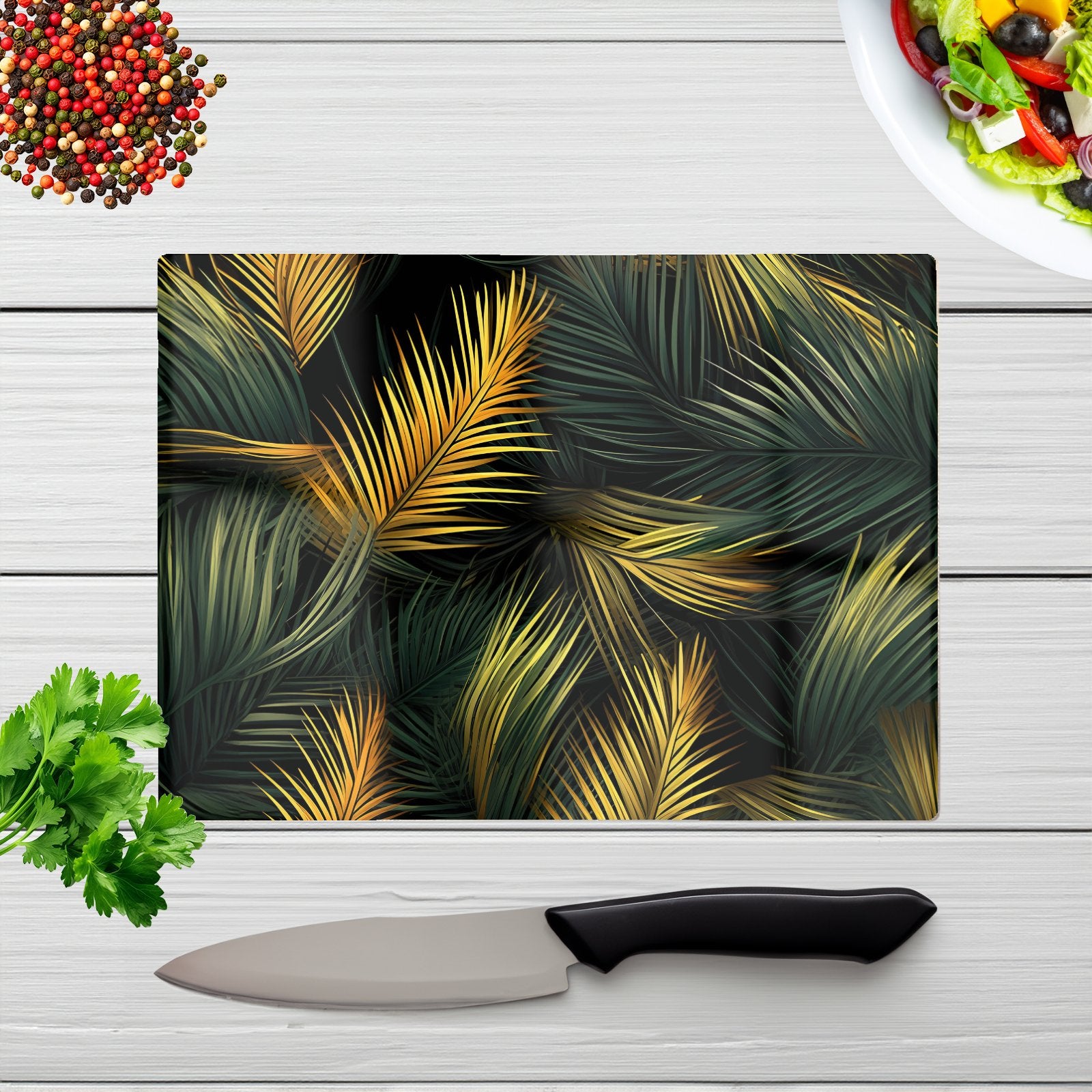 Golden Palm Leaves Glass Chopping Board