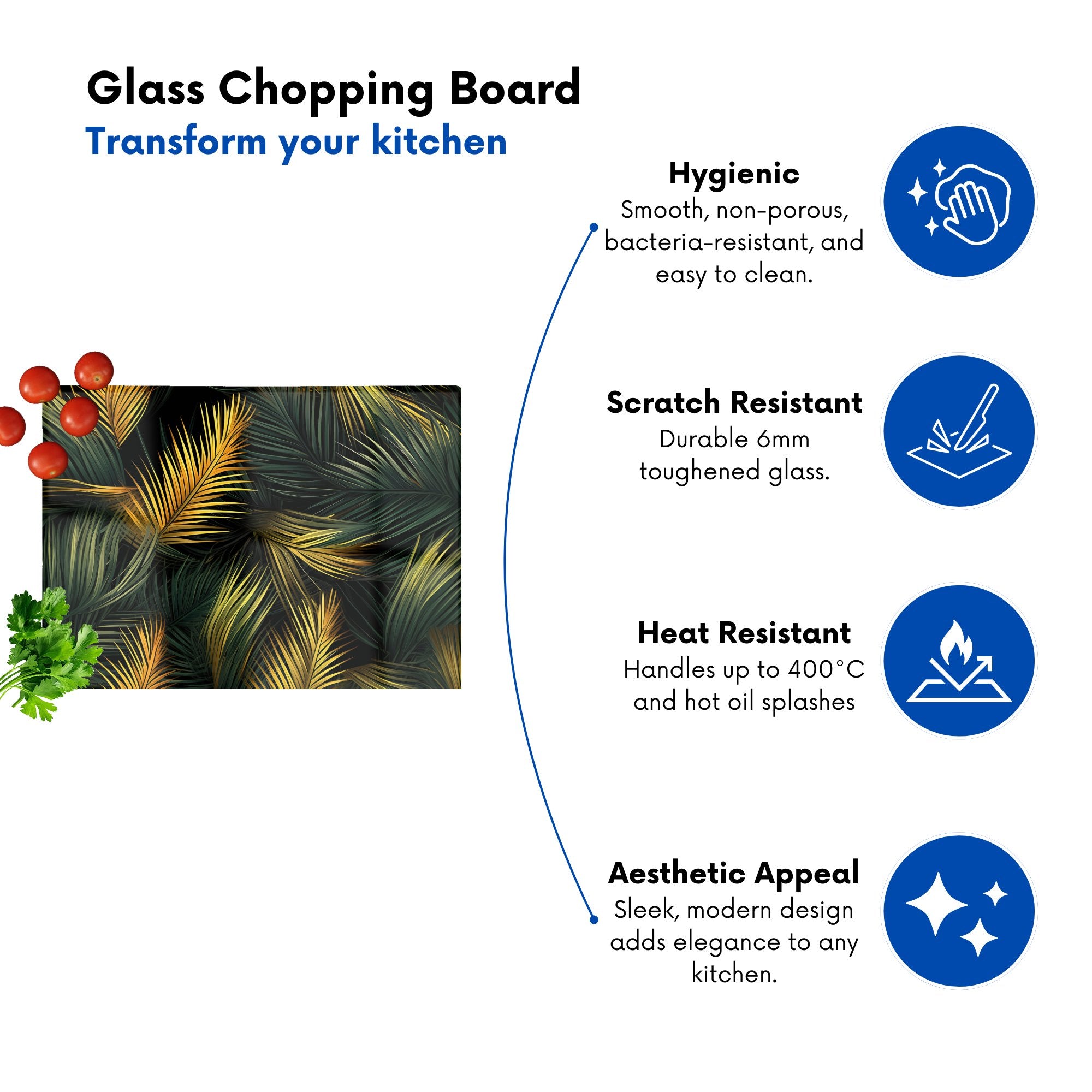 Golden Palm Leaves Glass Chopping Board