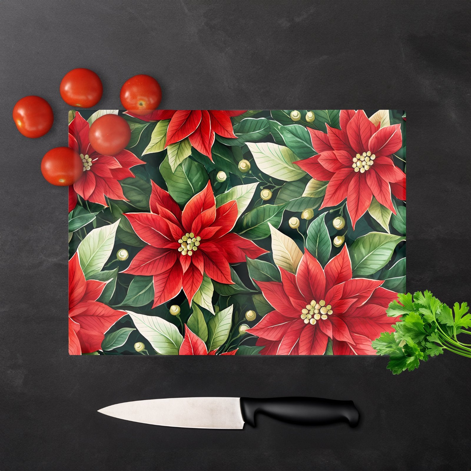 Poinsetta Watercolour Glass Chopping Board
