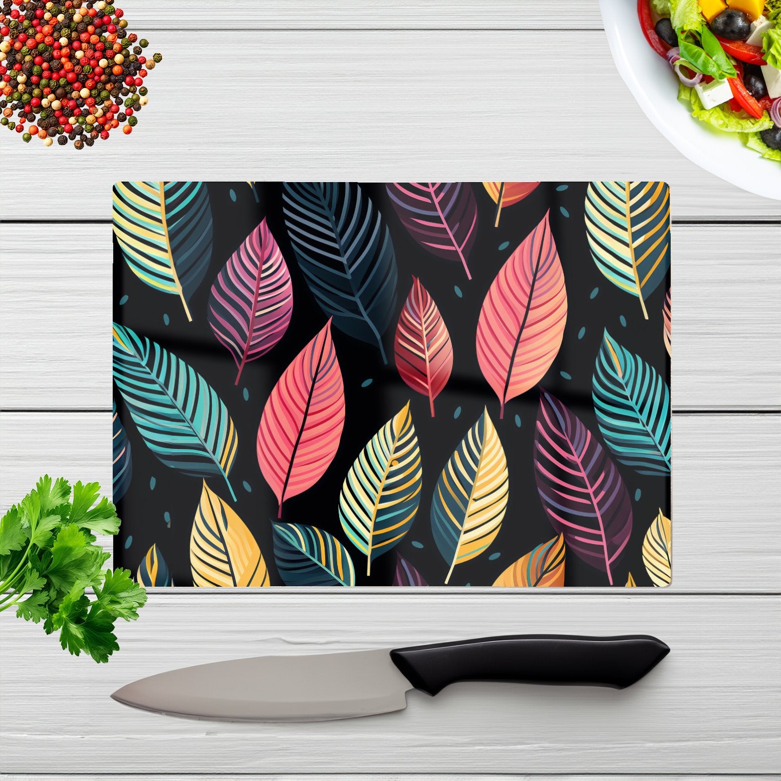Colourful Leaves Pattern Glass Chopping Board
