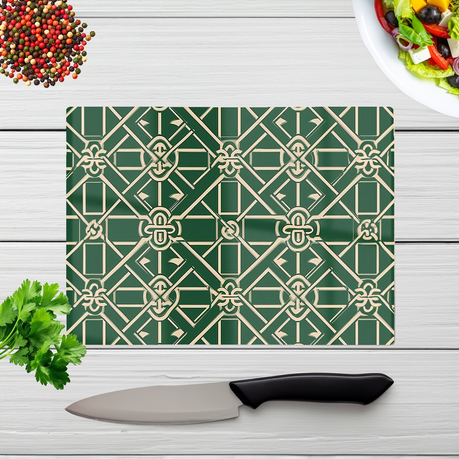 Green Lattice Design Glass Chopping Board