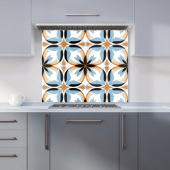 White Brown and Blue Geometric Pattern Kitchen Splashback