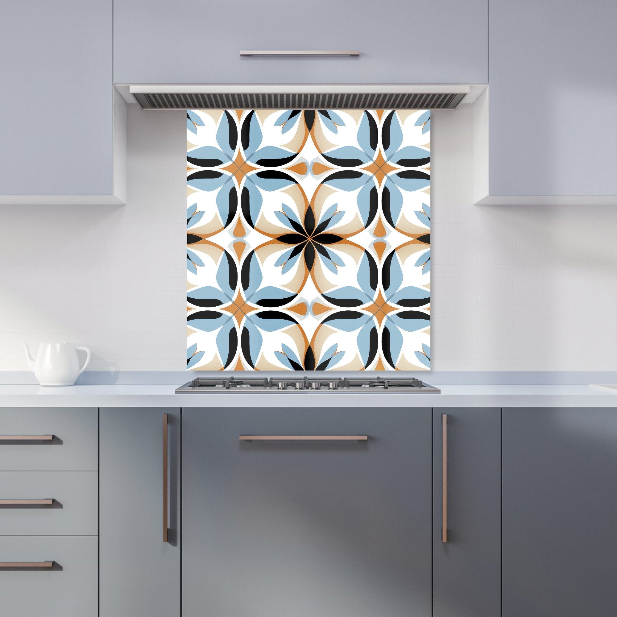 White Brown and Blue Geometric Pattern Kitchen Splashback