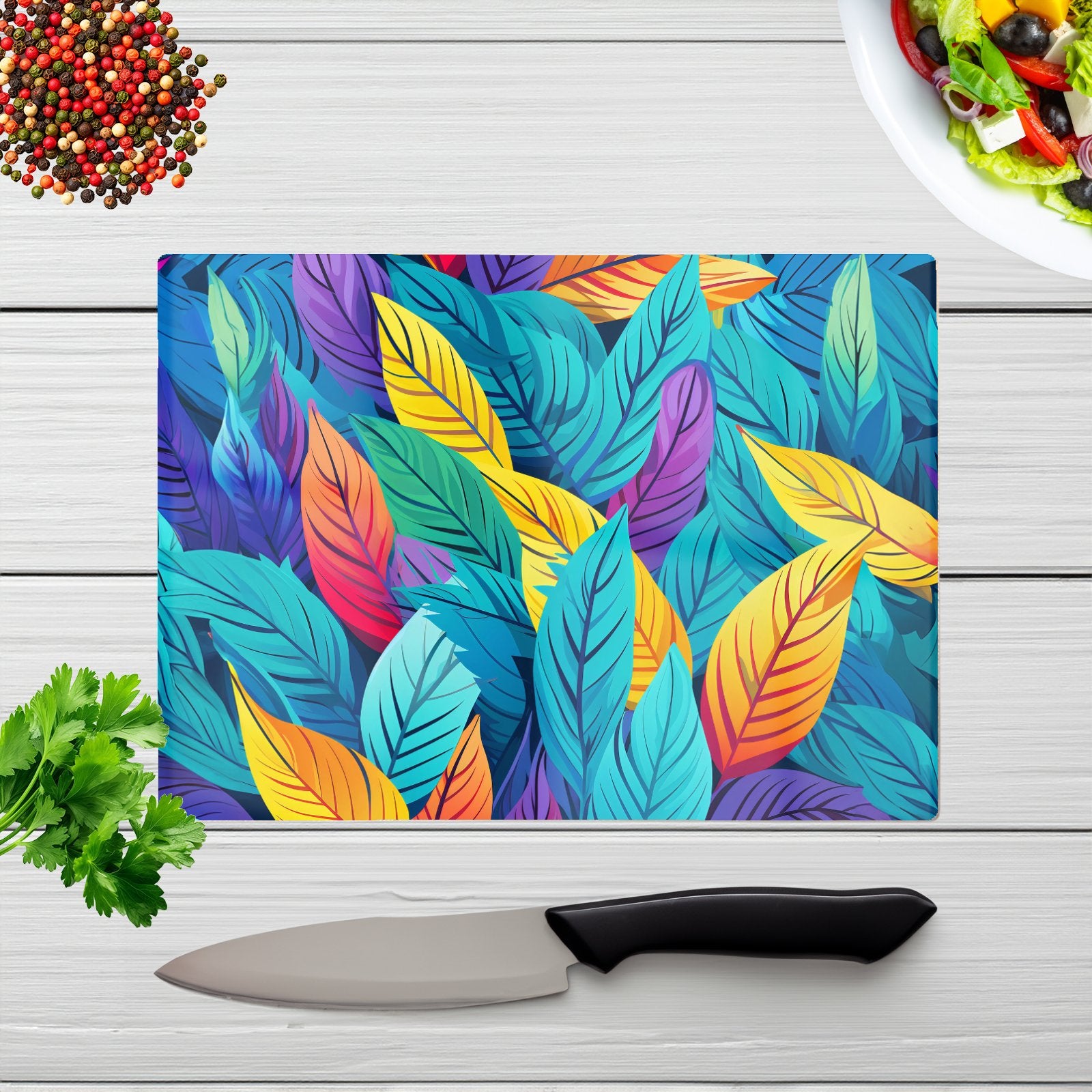 Bright Colourful Leaves Glass Chopping Board