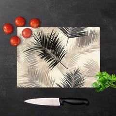 Black And White Tropical Palm Leaves Glass Chopping Board