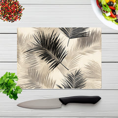 Black And White Tropical Palm Leaves Glass Chopping Board