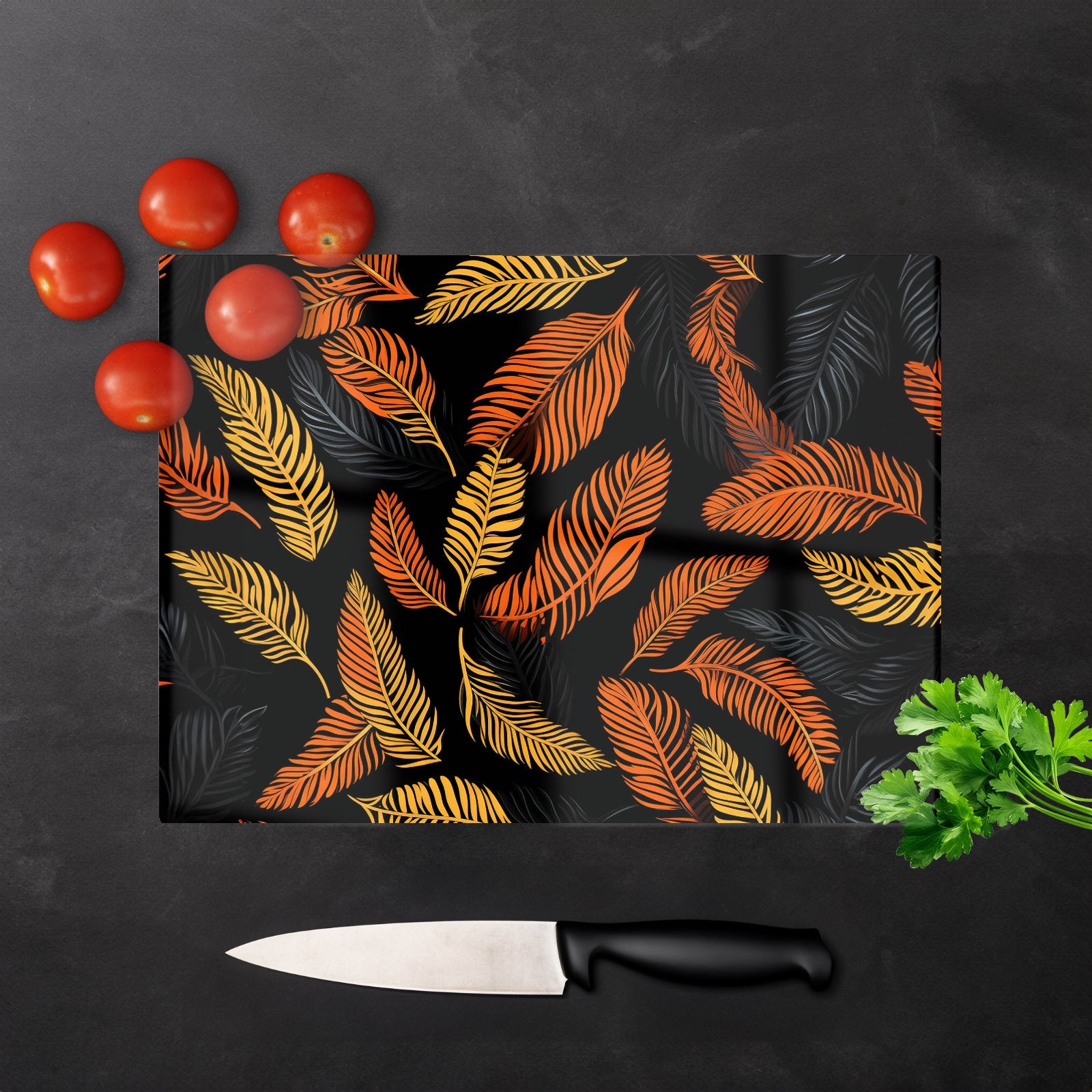 Orange Feather Leaves Glass Chopping Board