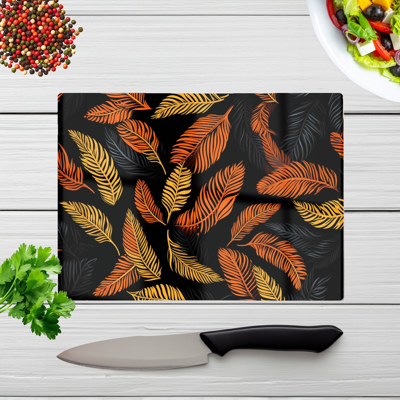 Orange Feather Leaves Glass Chopping Board
