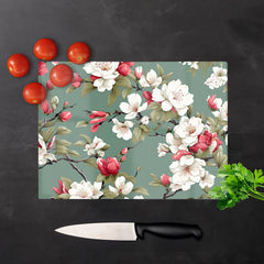 Pink And White Blossom Glass Chopping Board