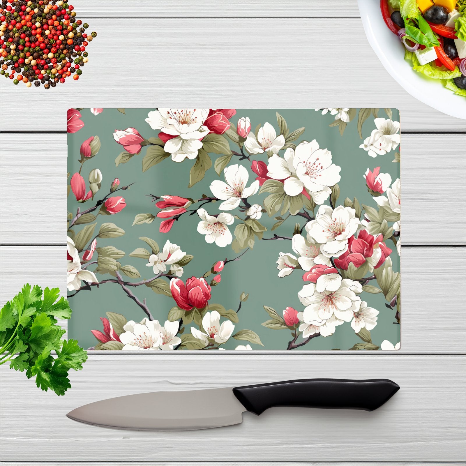 Pink And White Blossom Glass Chopping Board