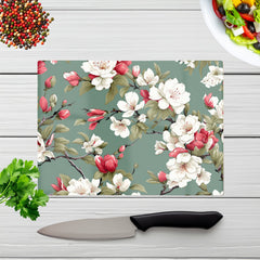 Pink And White Blossom Glass Chopping Board